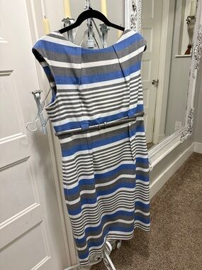 Calvin Klein Blue, Gray and White Striped Midi Sheath Dress